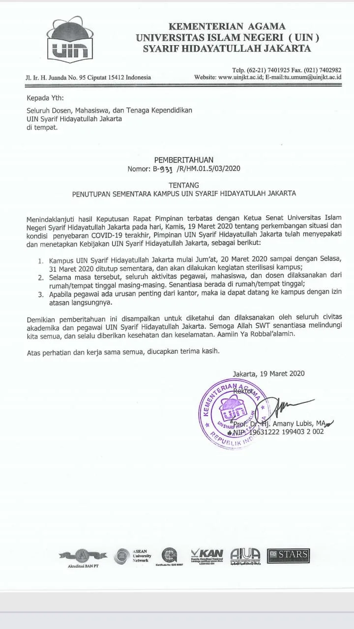 Rektor Putuskan Tutup Sementara Kampus UIN Jakarta
