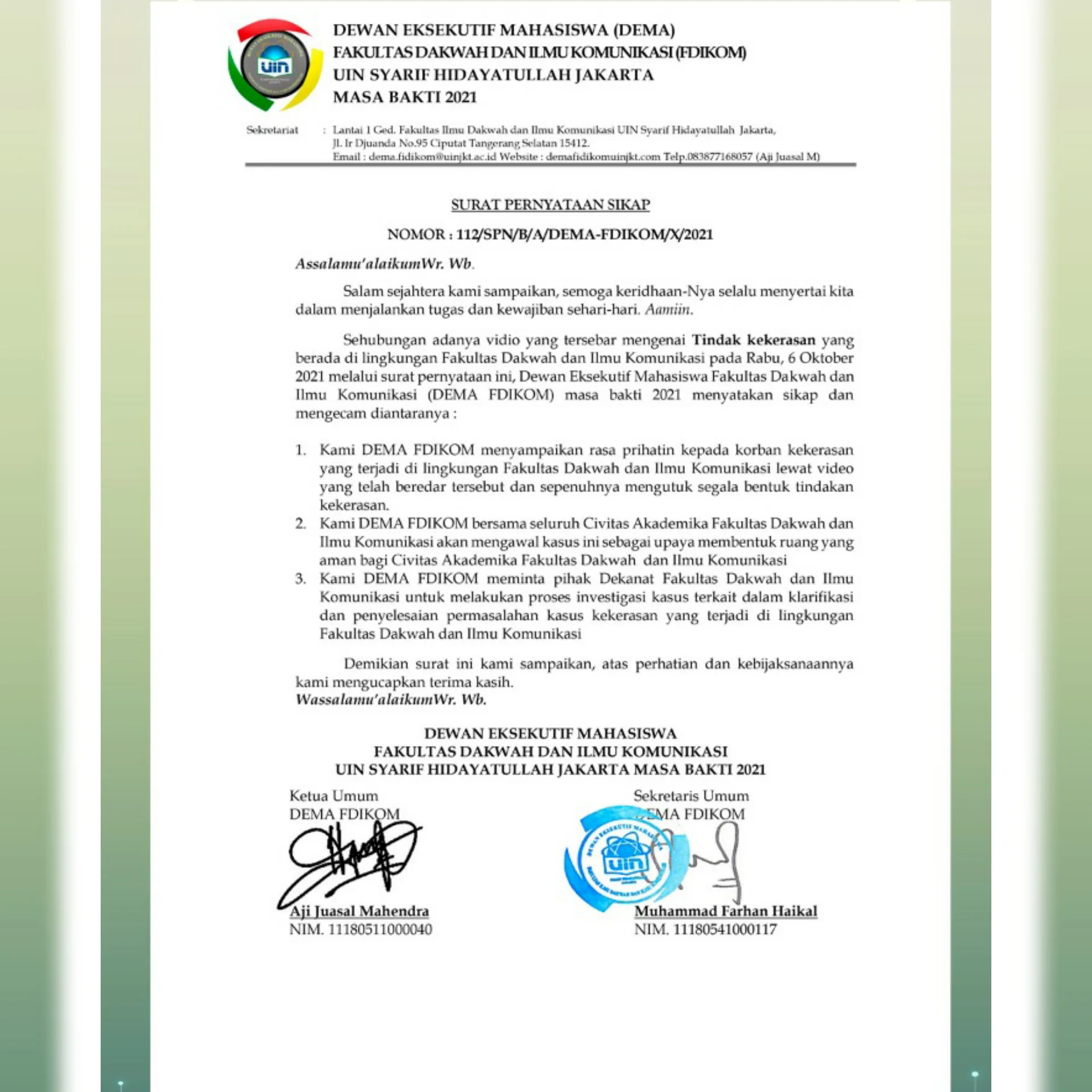 Dema FDIK Keluarkan Pernyataan Sikap Terkait Tindak Kekerasan di FDIK