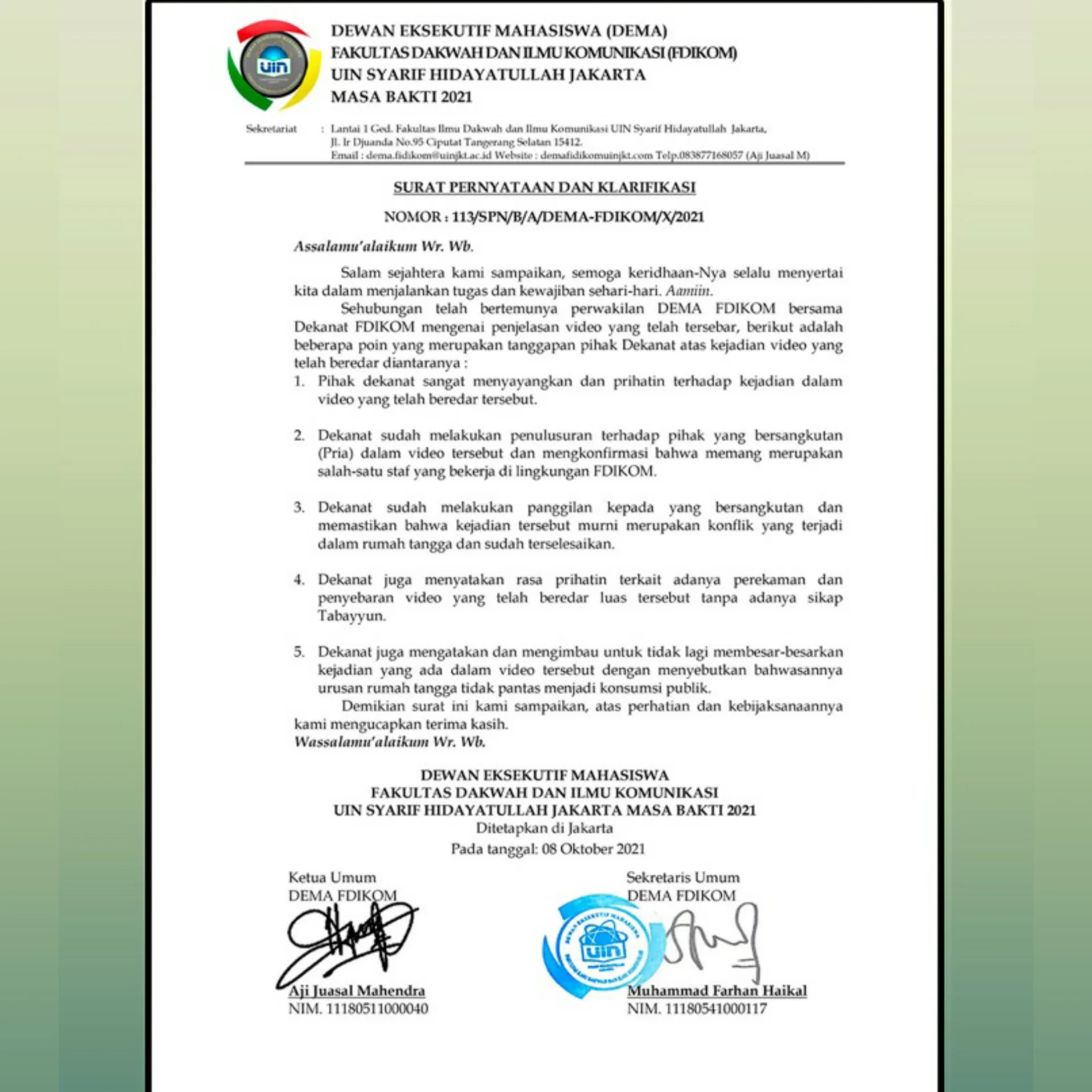 Setelah Audiensi dengan Dekanat, Dema FDIK Keluarkan Surat Pernyataan dan Klarifikasi